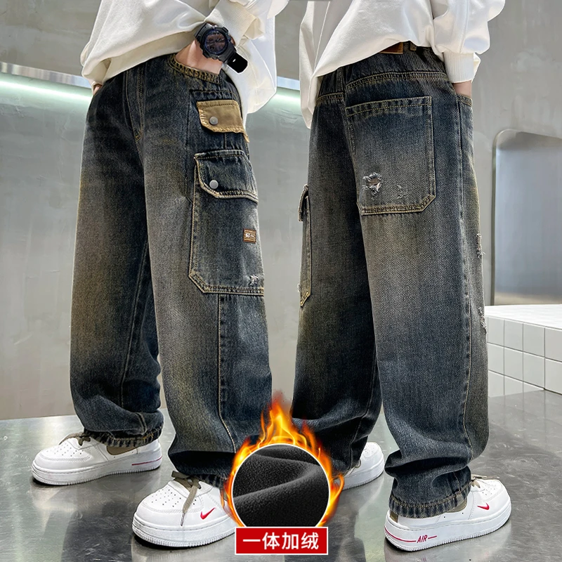 男童秋冬宽松直筒牛仔裤2025新款儿童冬装中大童阔腿炸街长裤冬季