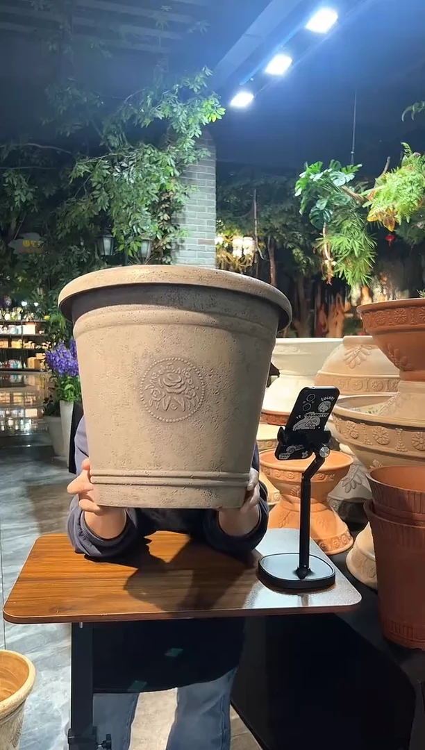 38*33/USA38-E浅灰色手工浮雕纹理大花盆外贸尾单