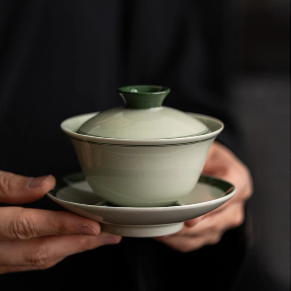 草木灰釉绿初三才盖碗家用功夫茶具泡茶器防烫茶碗茶杯复古岩茶碗