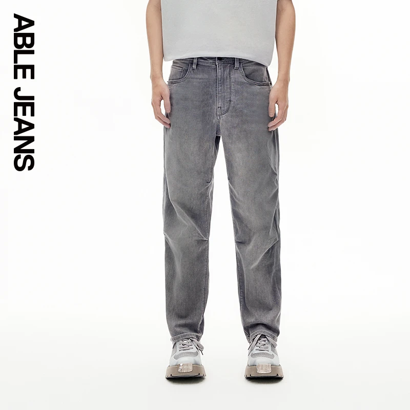 ABLEJEANS【直筒滑板裤】初秋薄款烟灰色弹力水洗工装牛仔裤男款