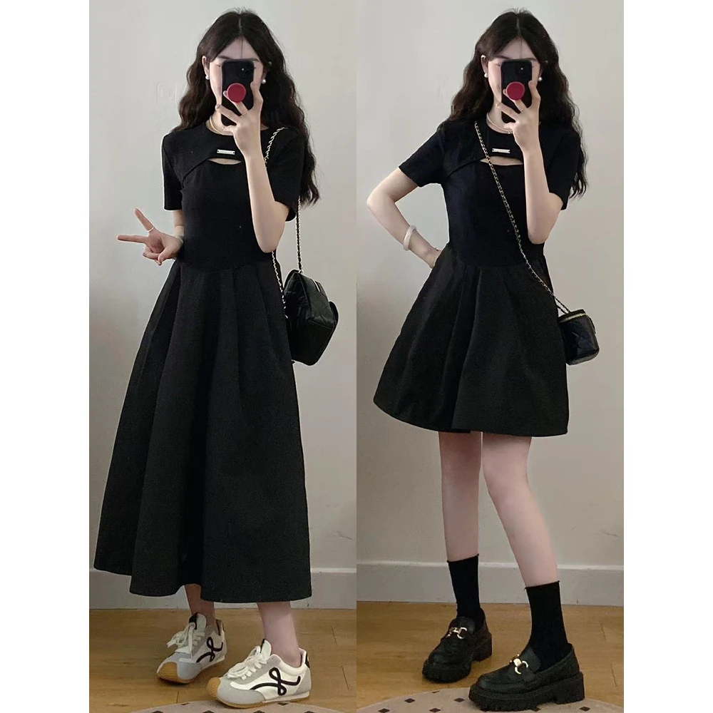 1922#大码女装胖mm新款夏季设计感镂空短袖捏褶小黑裙