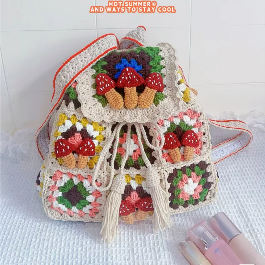 【成品】纯手工钩织祖母格休闲时尚双肩背包大容量双肩包