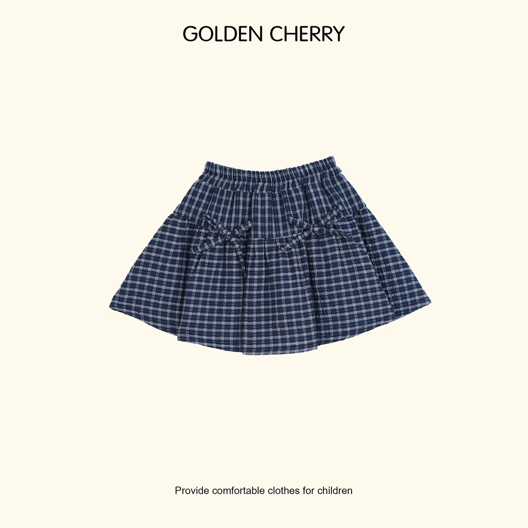 y【金樱桃Golden cherry】小童双蝴蝶结泡泡格子半身裙285209