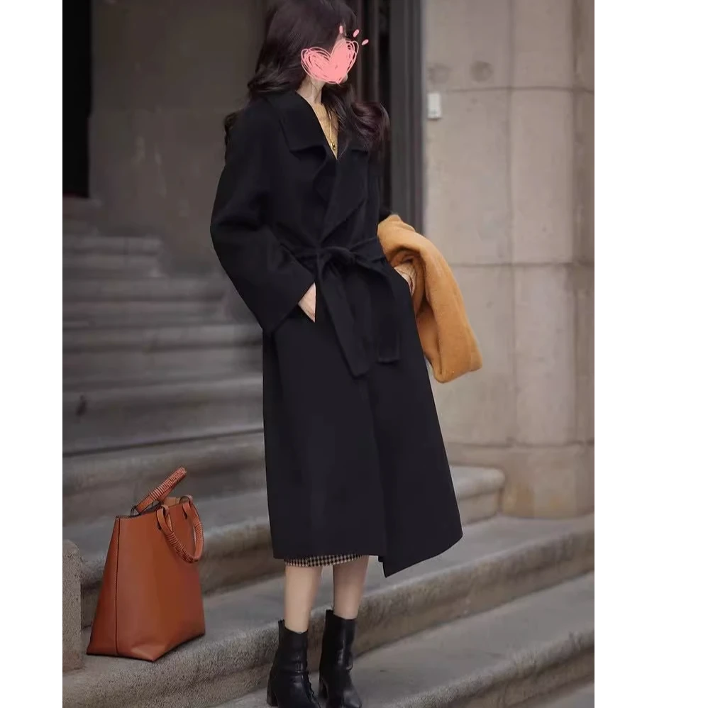 黑色中长款双面毛呢大衣女2025新款爆款洋气秋冬高级感赫本风外套