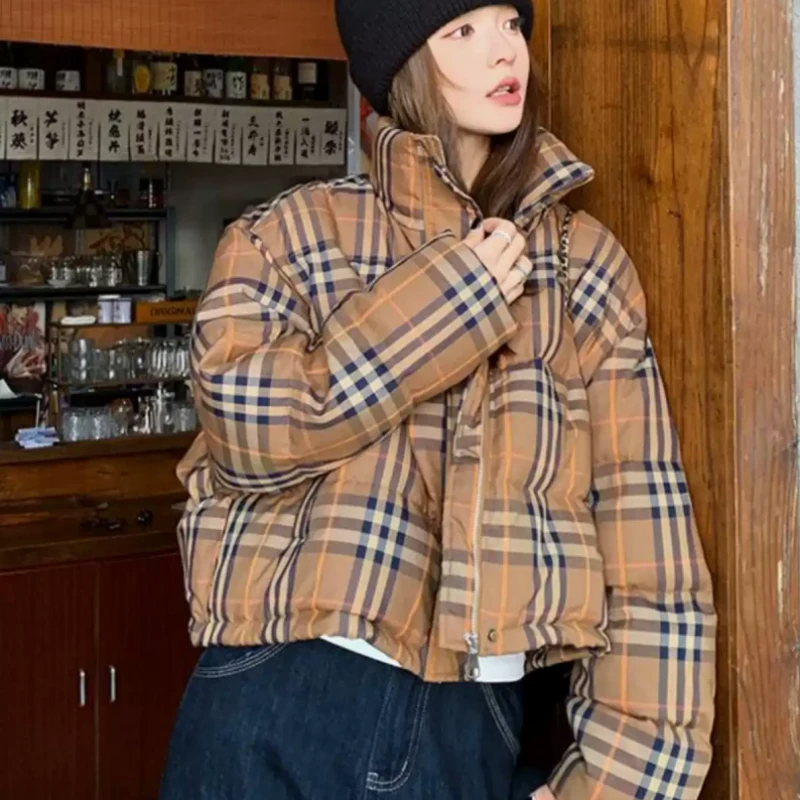 2025年冬季新款小个子面包服加厚保暖韩版格子短款时尚棉服女外套