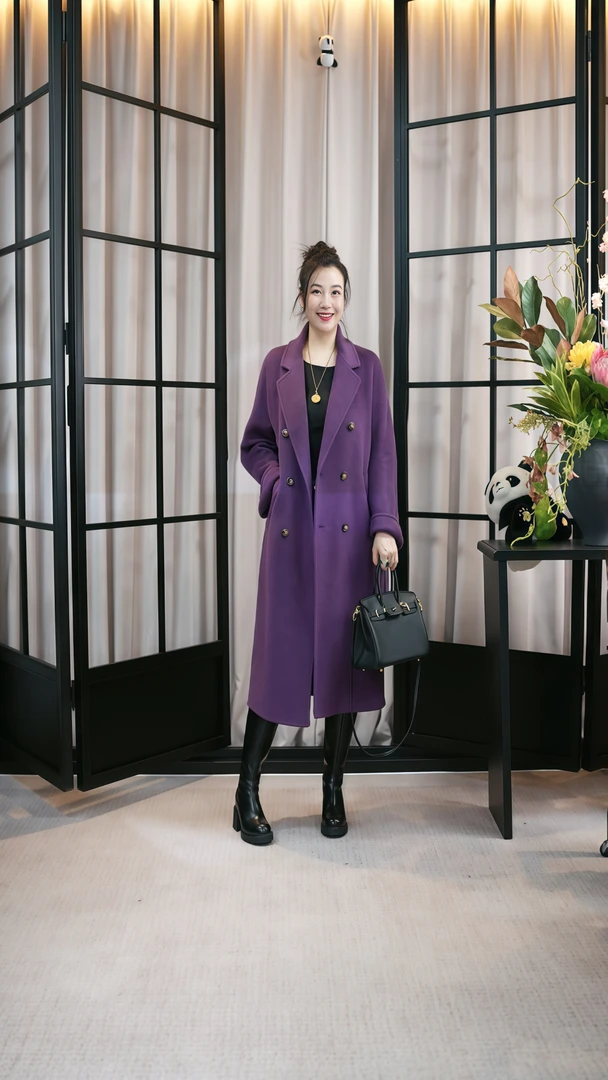 新款骆驼绒大衣长款厚款休闲色彩手工毛呢呢骆驼绒外套冬季女装