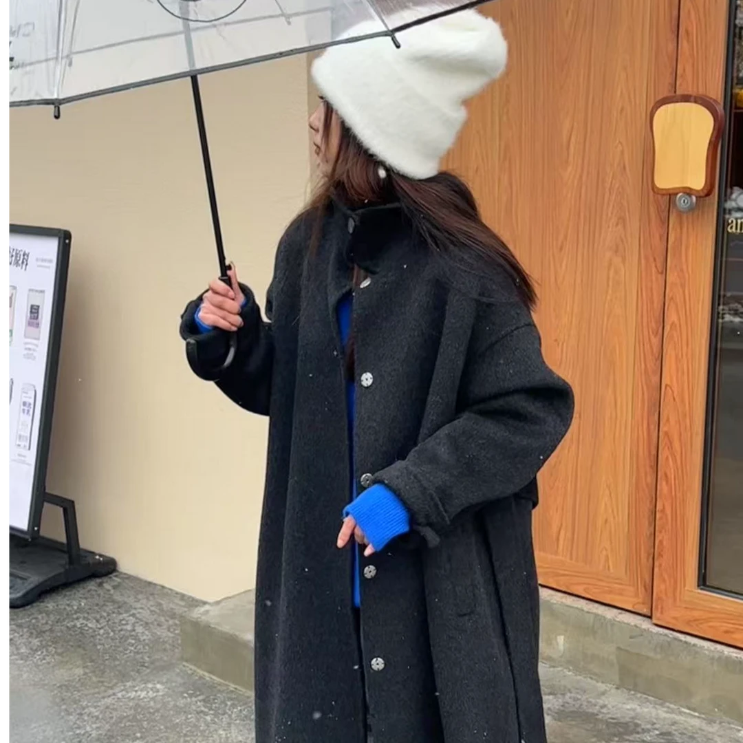 連【黑色舞曲】100全羊毛法式复古气质翻领韩系长款毛呢外套24070