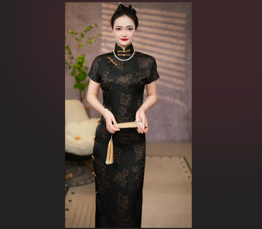 全开襟长款一字扣牡丹花纹款式旗袍优雅气质且日常