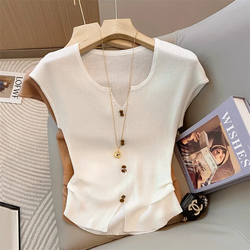 白色时尚V领针织衫无袖背心T恤女2025夏季新款高级感褶皱收腰上衣