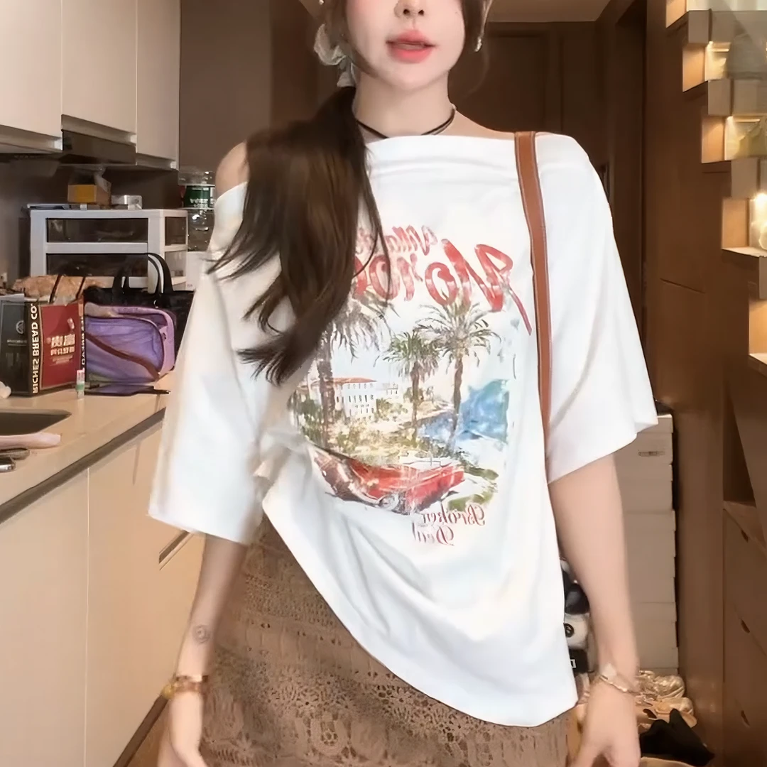 【琥珀之吻】2025夏季小众设计显瘦短袖白色海岛拉肩T恤女LK2503651