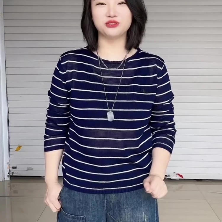 长袖针织薄款条纹圆领女毛针织衫上衣毛衣条纹长袖T恤极简风女装