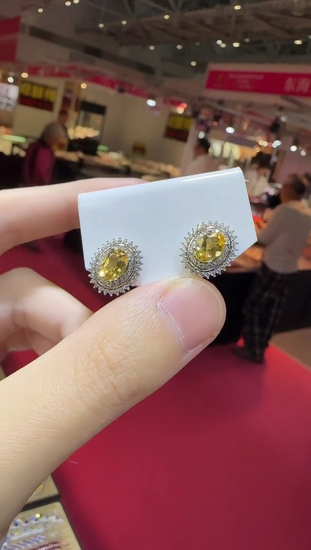 银S925镶嵌耳饰黄晶6*8mm耳钉