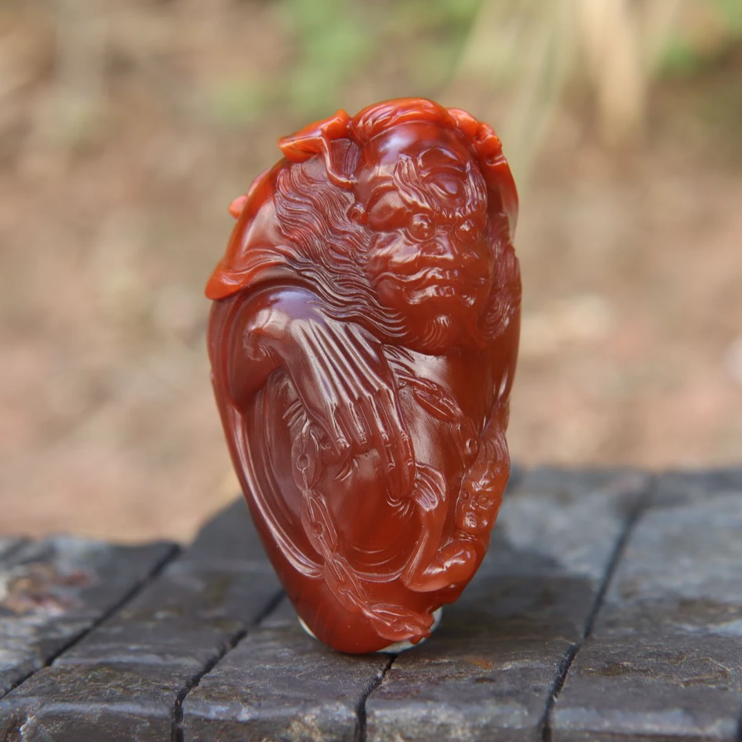 凉山南红玫瑰红柿子红俏雕钟馗纳福把件