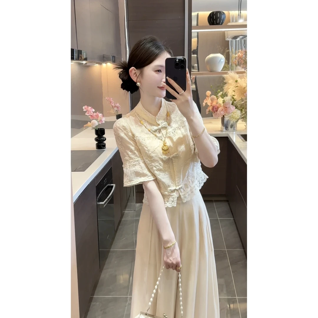 【云柔】2025新款夏季新中式刺绣盘扣蕾丝边上衣高腰显瘦阔腿裤