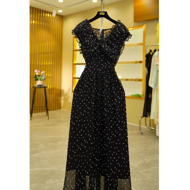 【依依专属】黑色碎花法式小波点夏季轻奢收腰显瘦气质连衣裙C003-3