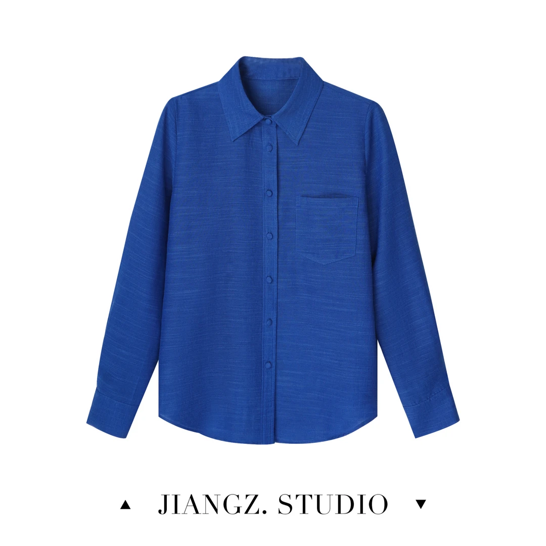 江洲【花青素】早秋新款亚麻+欧若风气质时尚显瘦舒适感长袖衬衫