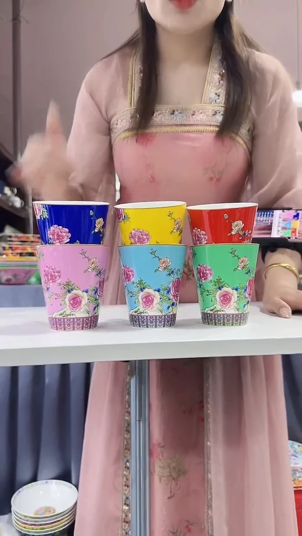 瓷片牡丹花卉杯子6只装景德镇陶瓷