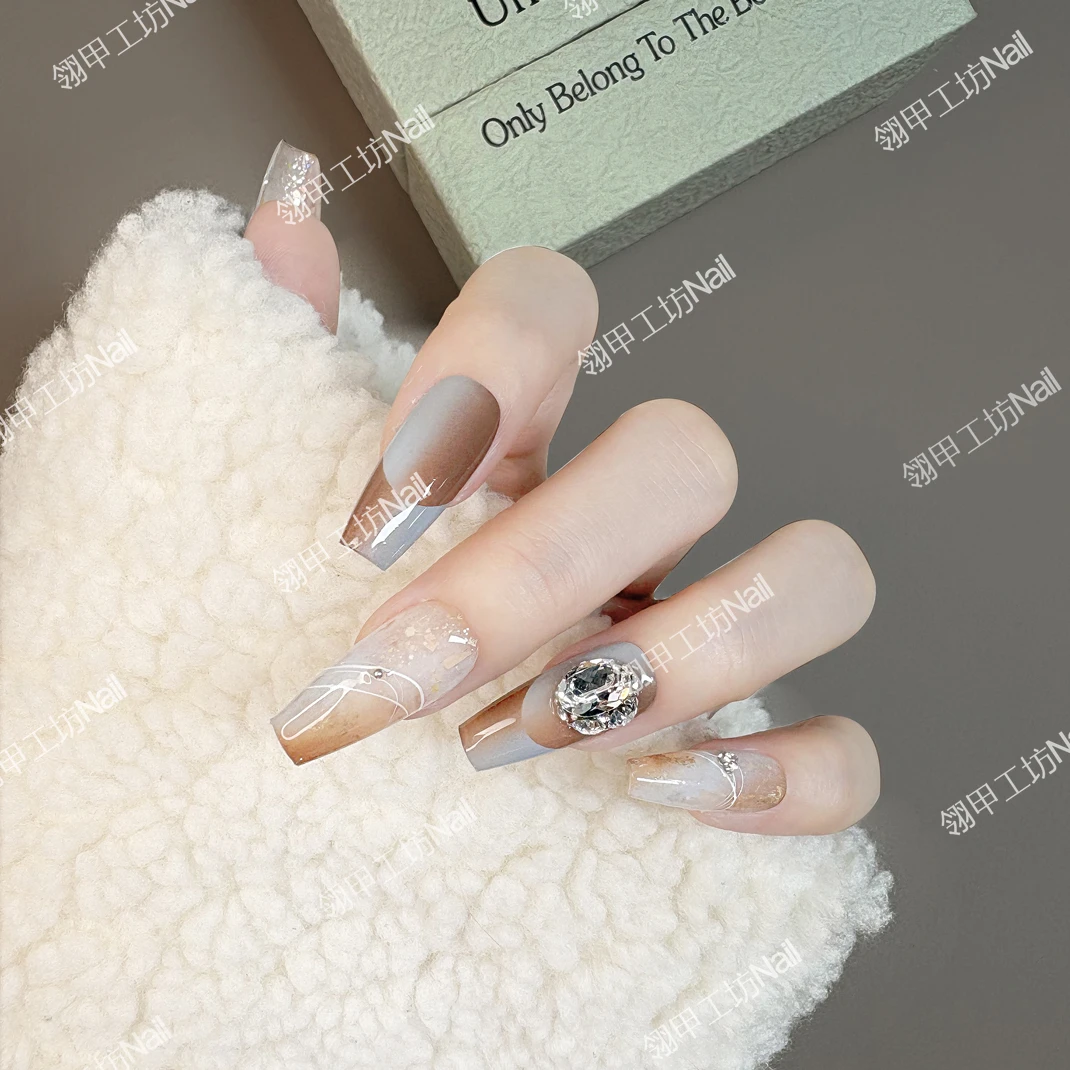 【初秋琥珀蓝】法式手工穿戴甲施华洛钻雾霾蓝棕琥珀美甲