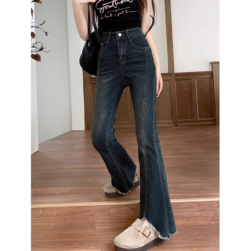 【小曹大码】KX66632微喇毛边开叉牛仔女新款胖m高腰显瘦遮跨喇叭裤