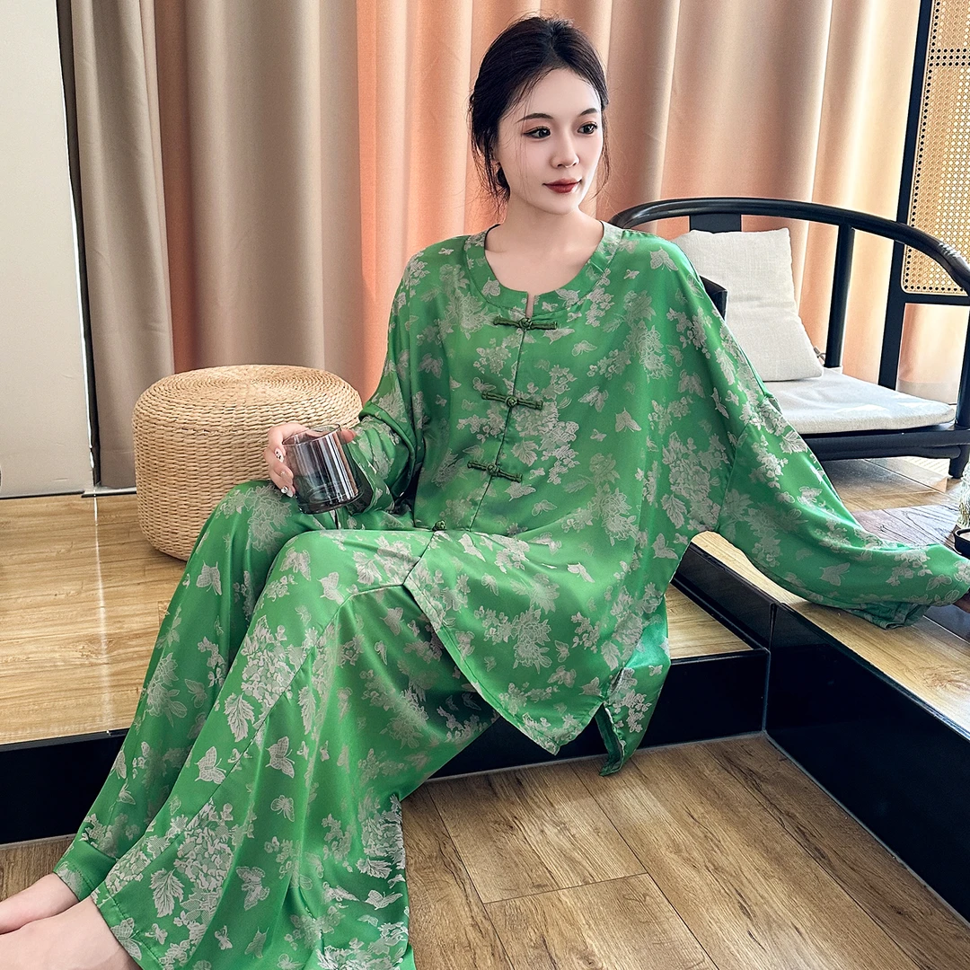 新中式冰丝睡衣女大码胖mm春秋复古国风仿真丝开衫家居服200斤夏