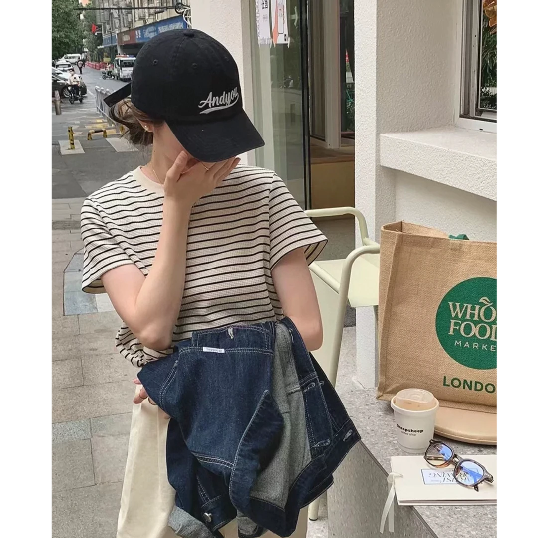 华夫格杏色条纹T恤女2025新款夏季显瘦短袖上衣25410