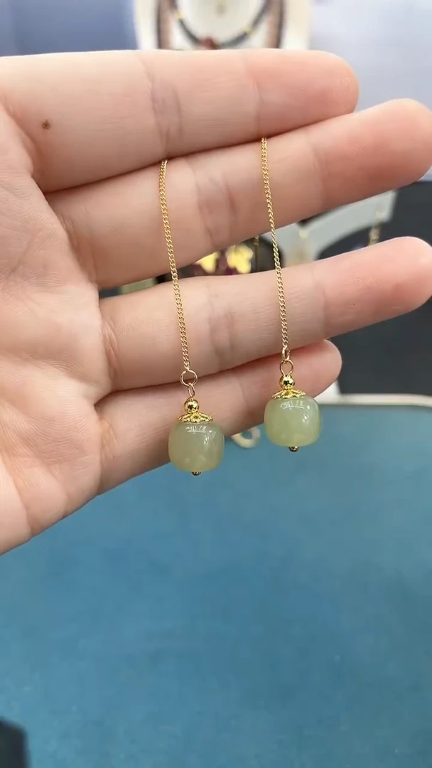 和田玉14K金镶嵌耳饰10mm老行珠耳线