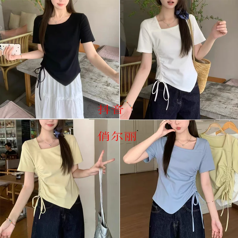 夏季女装设计感方领抽绳纯色短袖T恤小众开叉不规则下摆上衣88152