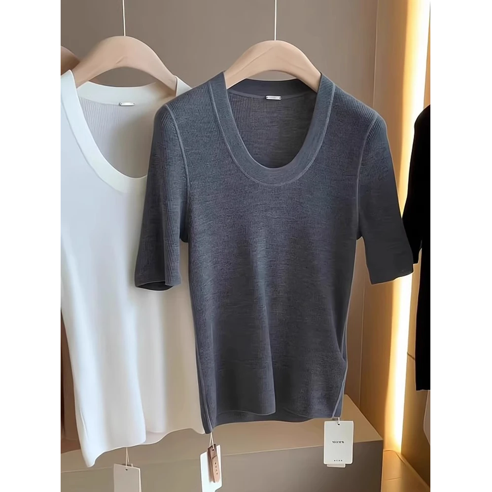 芯娇晴小个子深灰色u领冰丝针织短袖正肩T恤女夏2025新款修身上衣