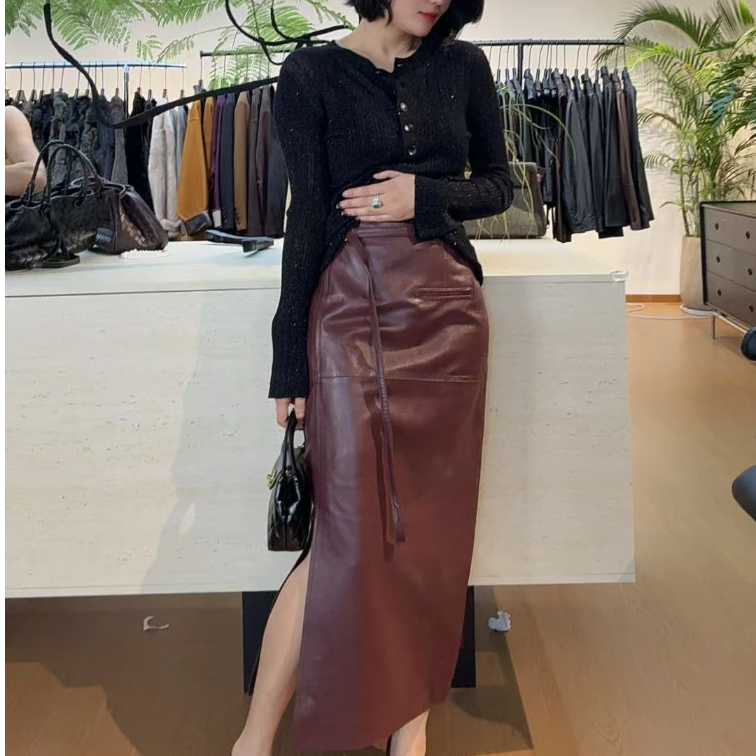 TANTAN 显瘦百搭通勤气质开叉皮裙2670