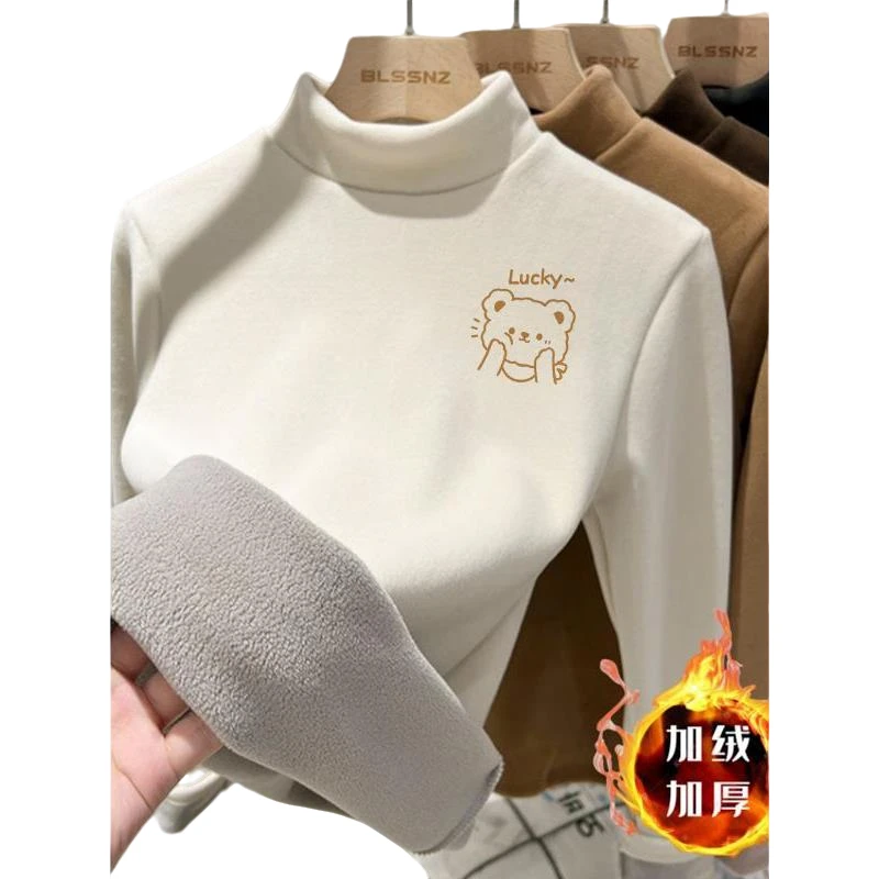 FAVMARTHA女大童秋冬加绒加厚半高领长袖德绒t恤一体绒保暖内搭打