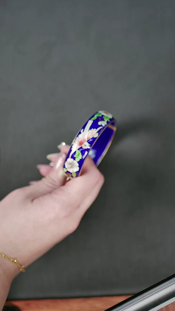 海**线非遗 景泰蓝花鸟开口镯 宝蓝