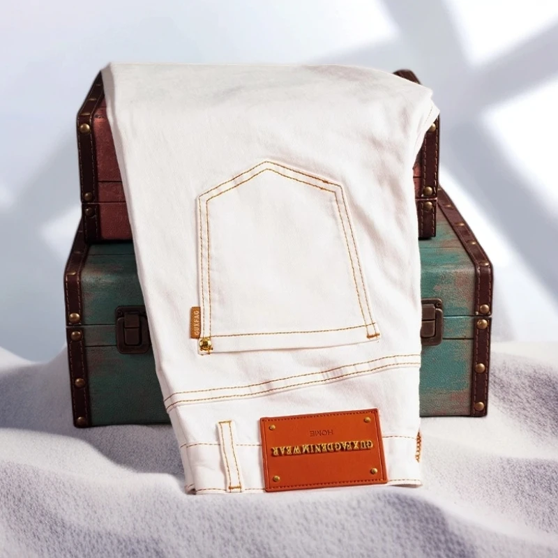 宾斯洛特时尚夏季薄款白色男士牛仔裤时尚修身小直筒弹力九分男裤