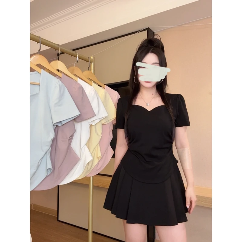 大码胖mm设计感欧若风收腰褶皱上衣修身显瘦纯色v领短袖T恤