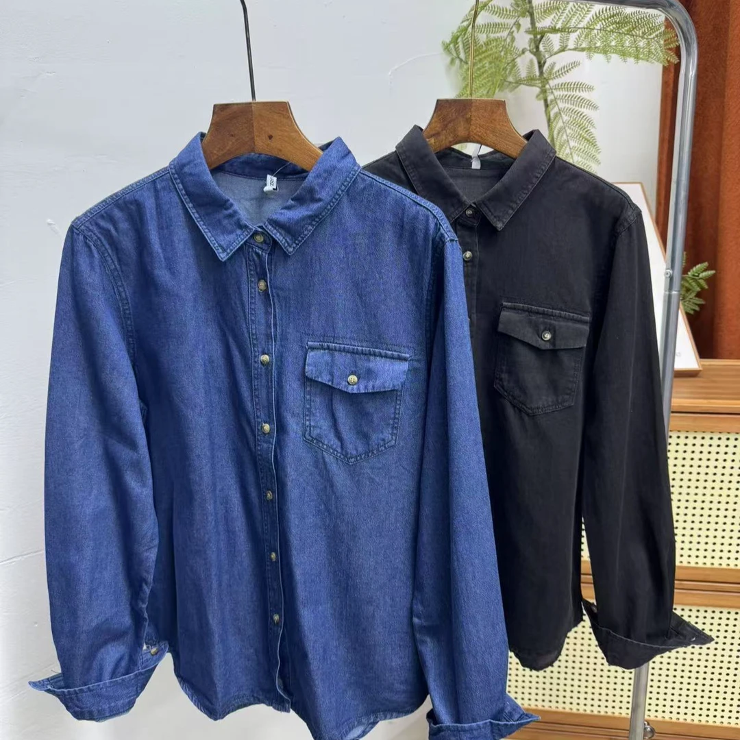 春季2025新款翻领纽扣口袋饰宽松百搭时尚两色水洗牛仔衬衫男女
