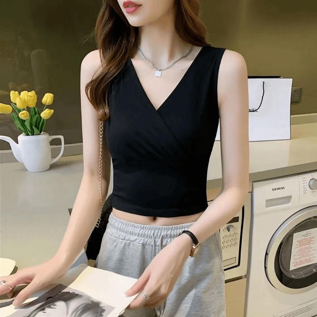 艾格莫代尔棉短款露脐v领吊带背心女春夏修身外穿内搭打底无