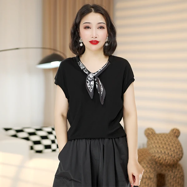 夏季新款韩系潮流减龄V领丝巾设计感T恤洋气时尚百搭遮肉显瘦上衣