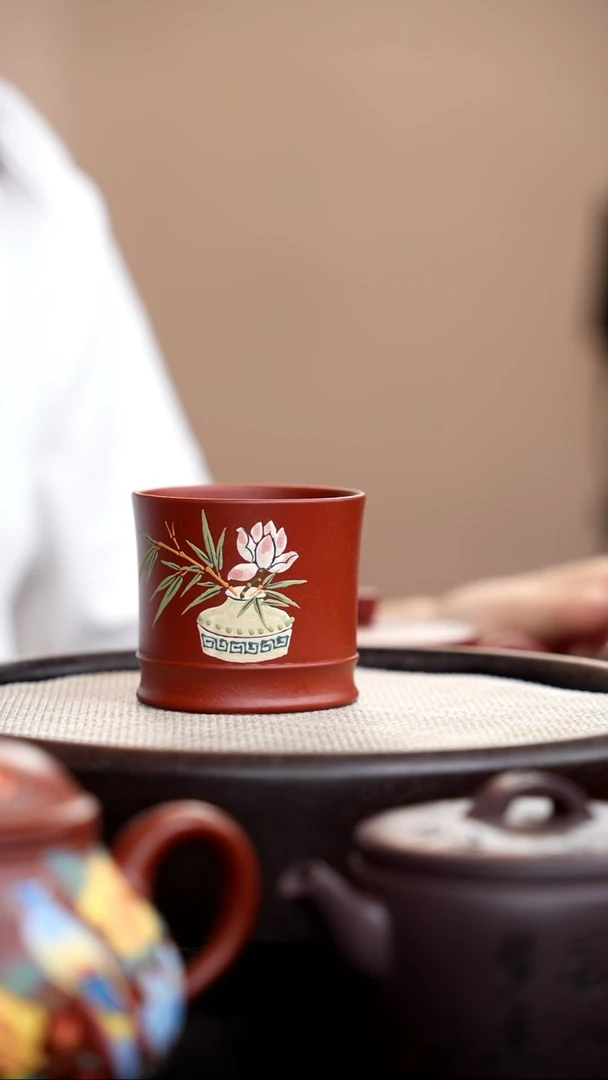 茶壶紫砂朱泥竹节杯泥绘插花