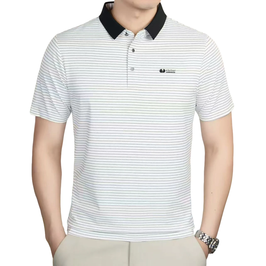 YA-3休闲翻领条纹白色POLO衫