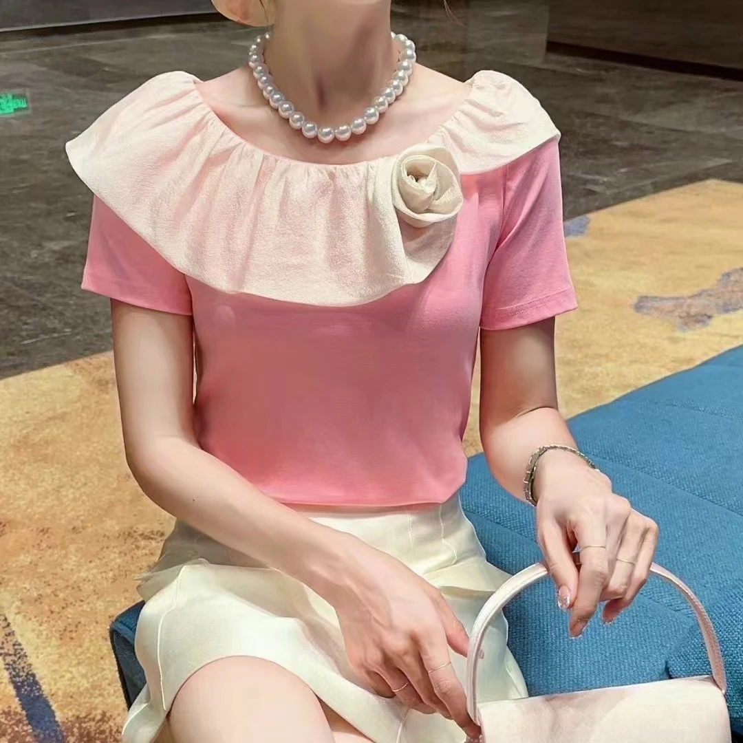 （091-180）夏季上衣休闲风短袖衬衫耐磨舒适宽松型女装方领甜美