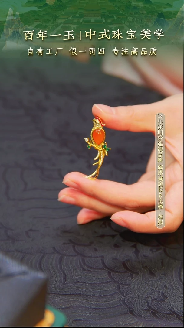 吊坠(不含链)银S925镀金镶嵌南红玛瑙天然南红胸针-0576