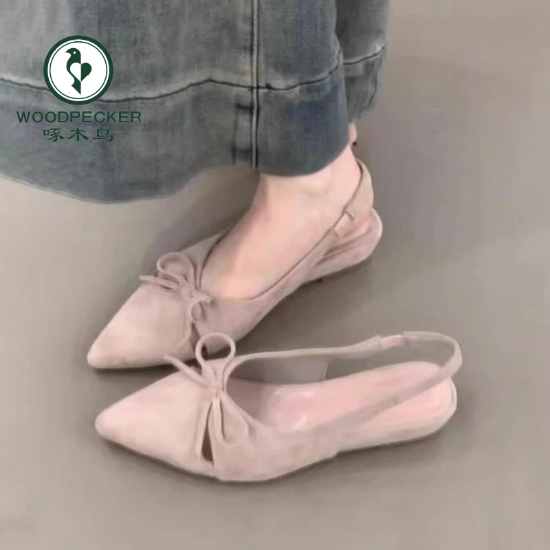 啄木鸟法式蝴蝶结包头凉鞋女后空浅口温柔风气质尖头坡跟小单鞋女