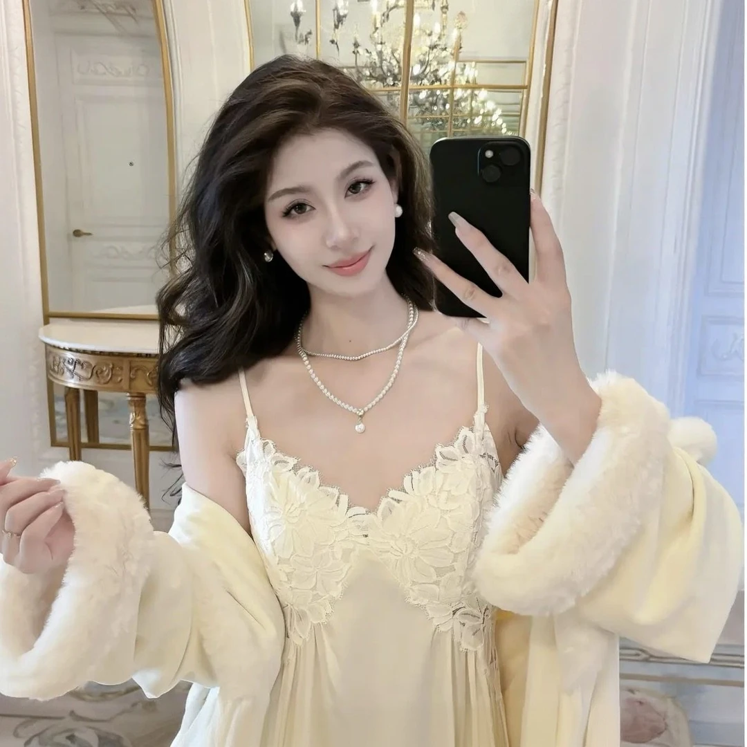 PAVENATNO/巴韦那奇女款秋冬睡袍法式气质吊带睡裙显瘦翻领套装