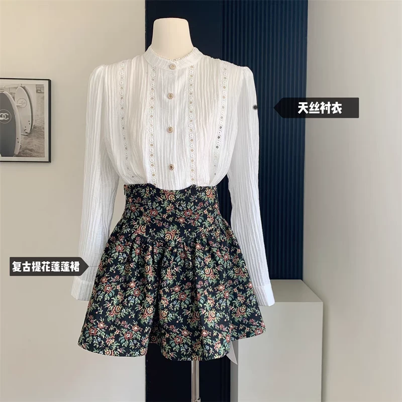 2025春夏新款灯笼袖衬衫设计感上衣女复古刺绣高腰A字短裙两件套