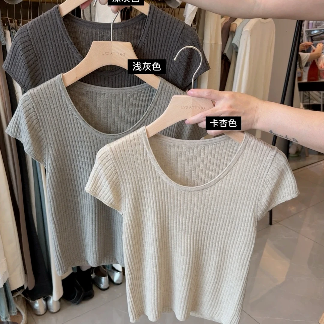 少女风时尚休闲百搭显瘦短款T恤女2025夏季新款韩版纯色简约上衣