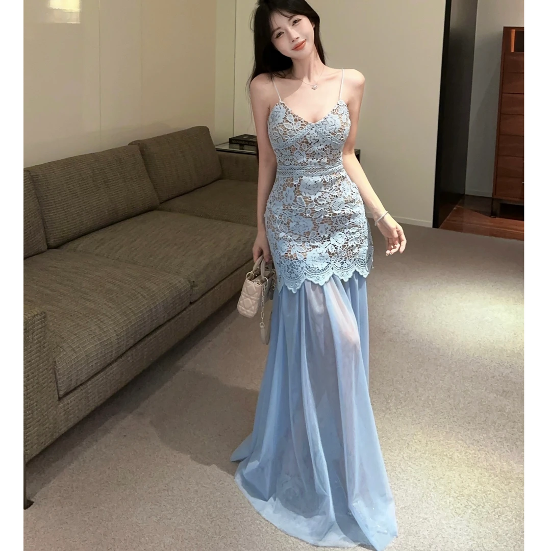 2025夏季新款蕾丝拼接连衣裙女独特漂亮春装可拆卸下摆网纱长裙