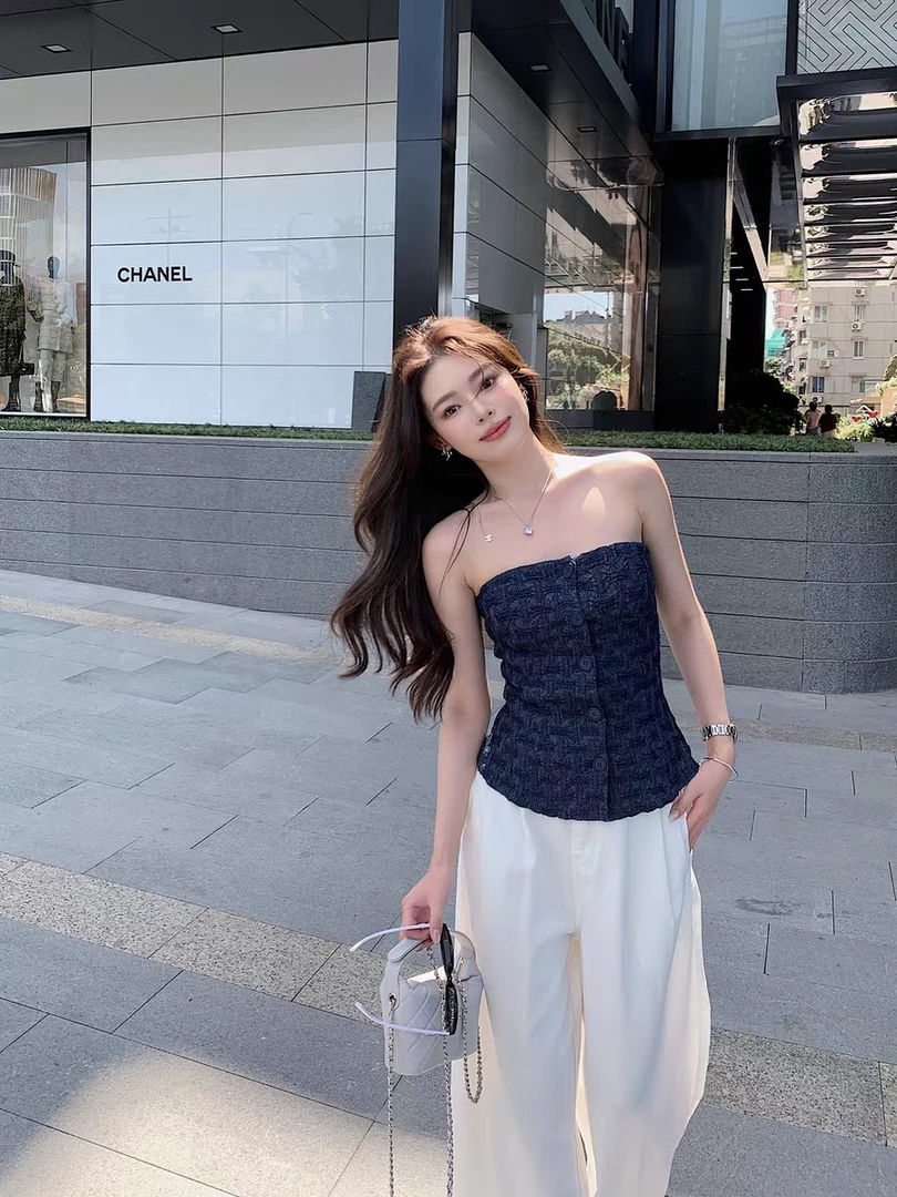 【时装秀场走进现实】夏季新款超模气场纯欲抹胸上衣配休闲阔腿裤女