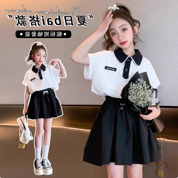 女童短裙套装夏季2025女中大童学院风polo衫宽松上衣半身裙两件套