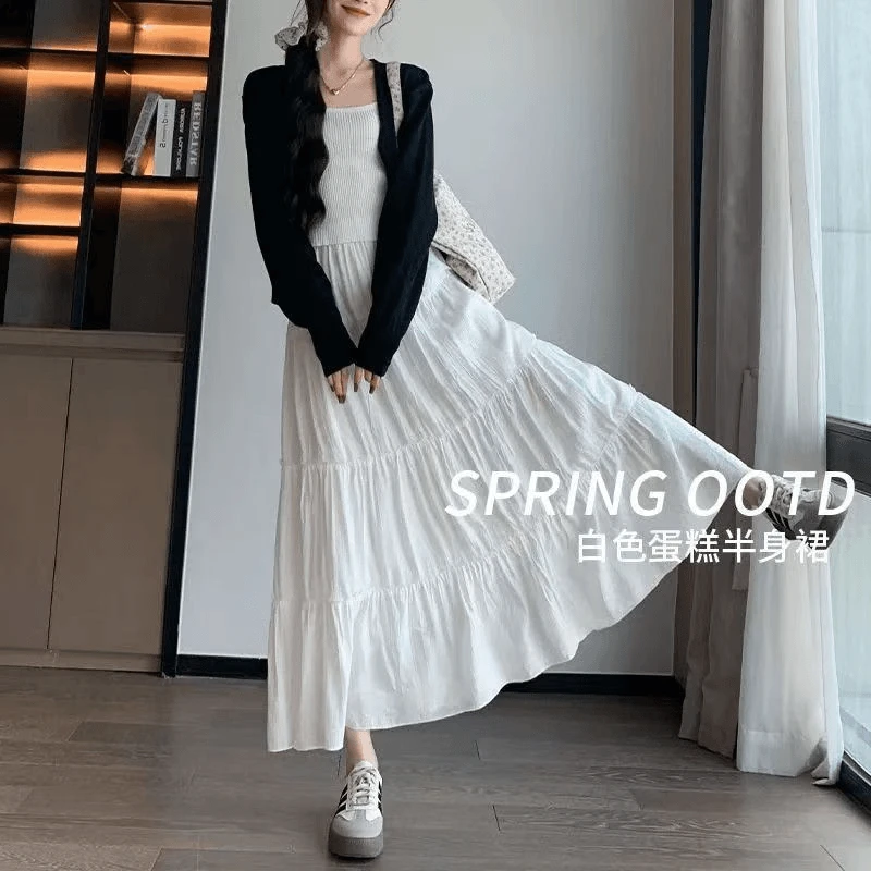 桃花皱半身裙女2025新款春季穿搭高腰温柔气质仙女A字蛋糕长裙子