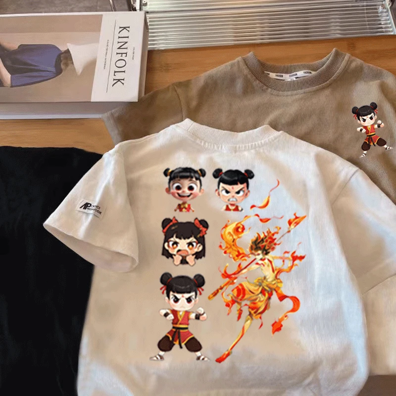 国潮哪吒2025新款夏季中小儿童男童短袖t恤纯棉圆领百搭打底上衣t