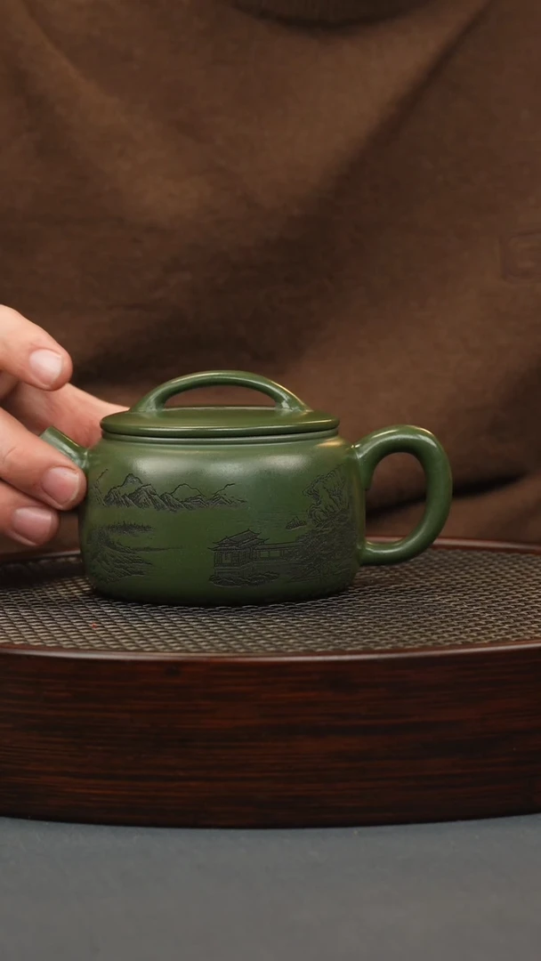 【闪购商品】紫砂茶壶绿泥 炮筒汉瓦 刻绘